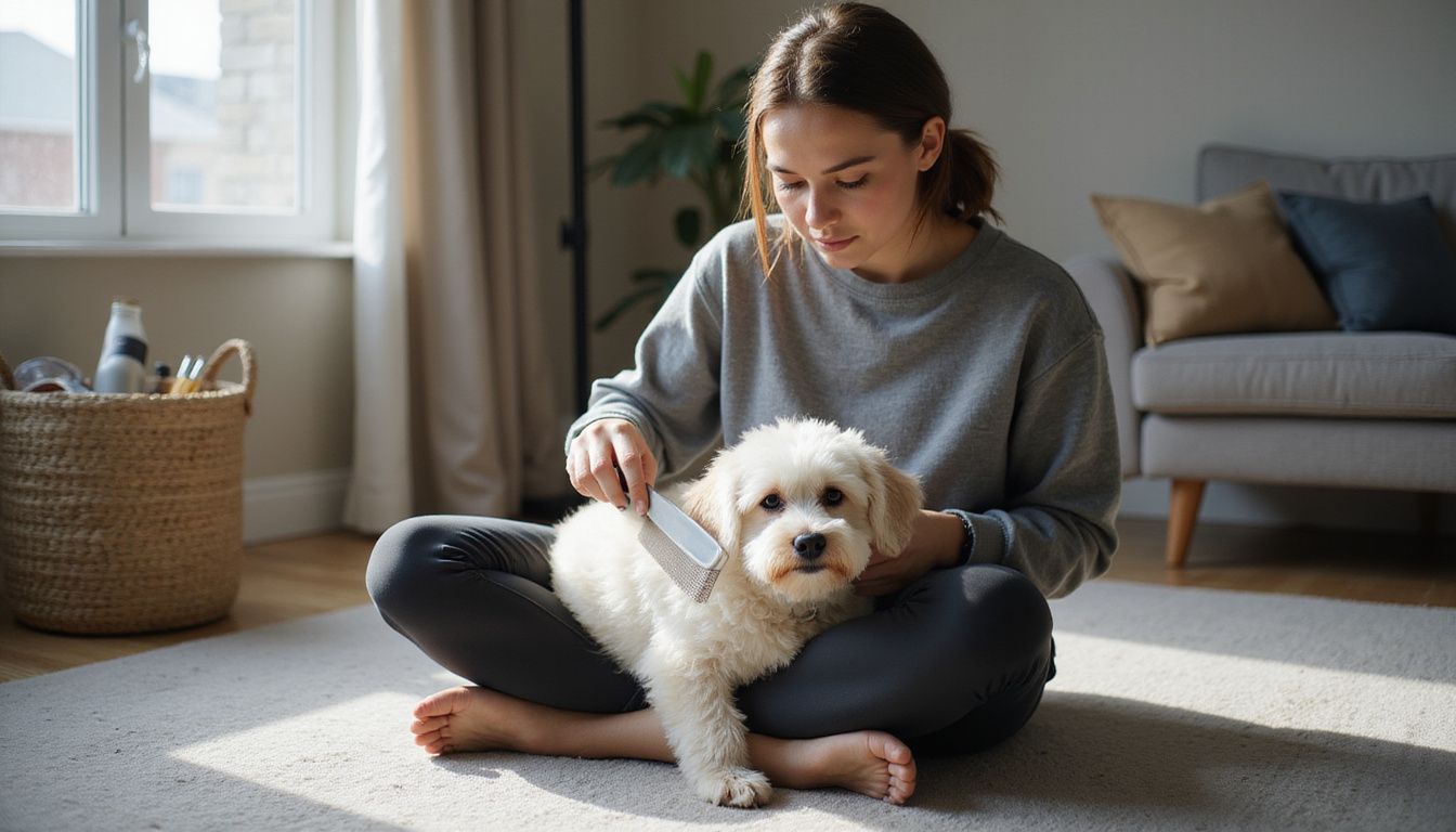 A young woman grooms a Bichon Frise on the carpet in her cozy, unadorned living room.