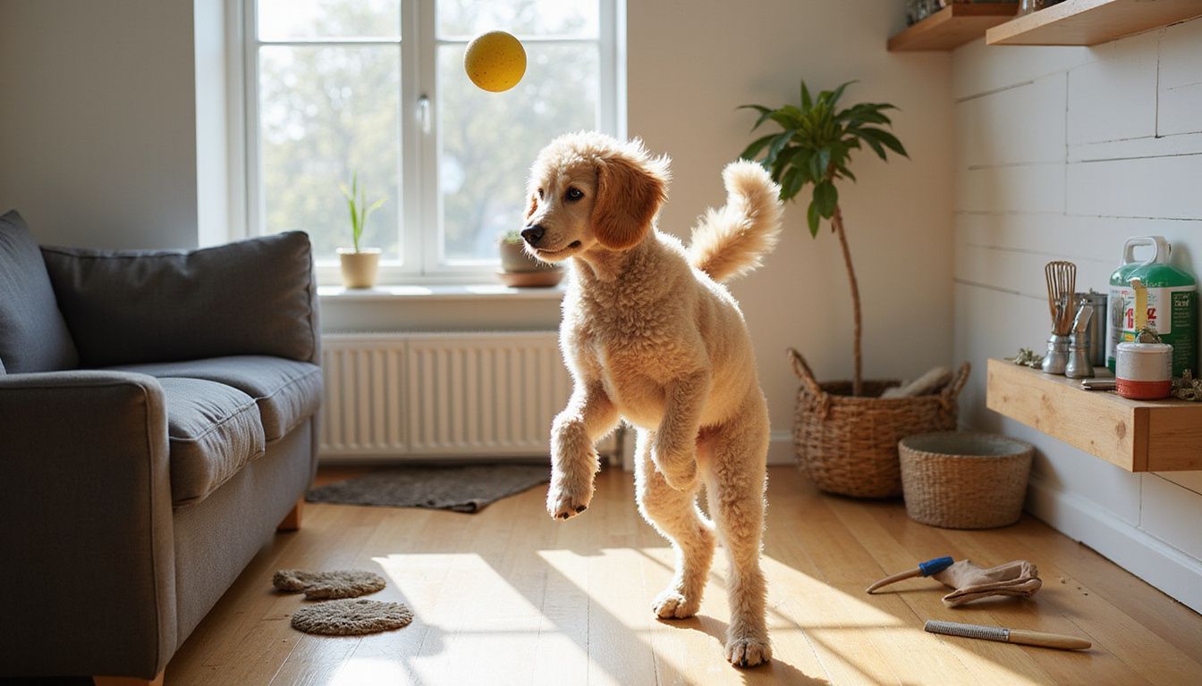 A well-groomed Poodle leaps for a yellow rubber ball in a tidy, organized living room.