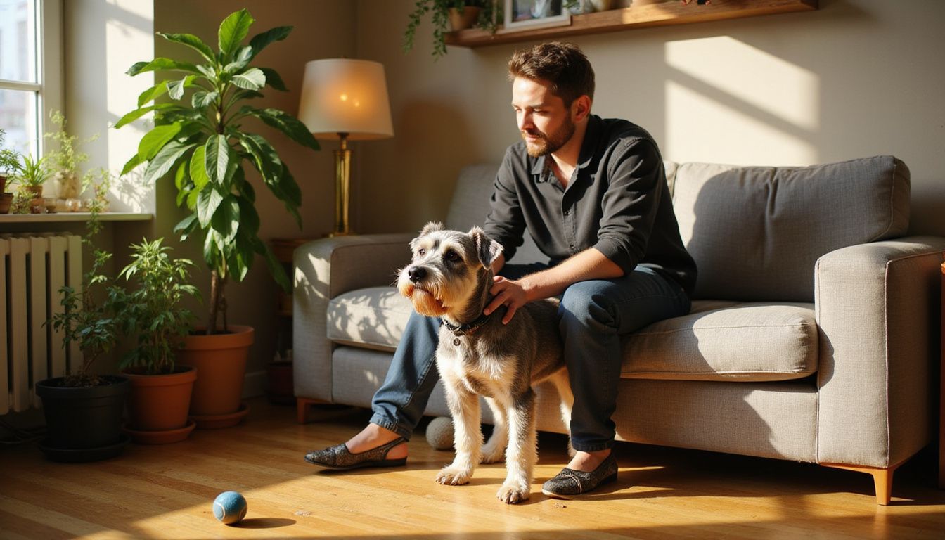 A relaxed person sits on a couch with a Miniature Schnauzer in a cozy urban apartment filled with dog toys.