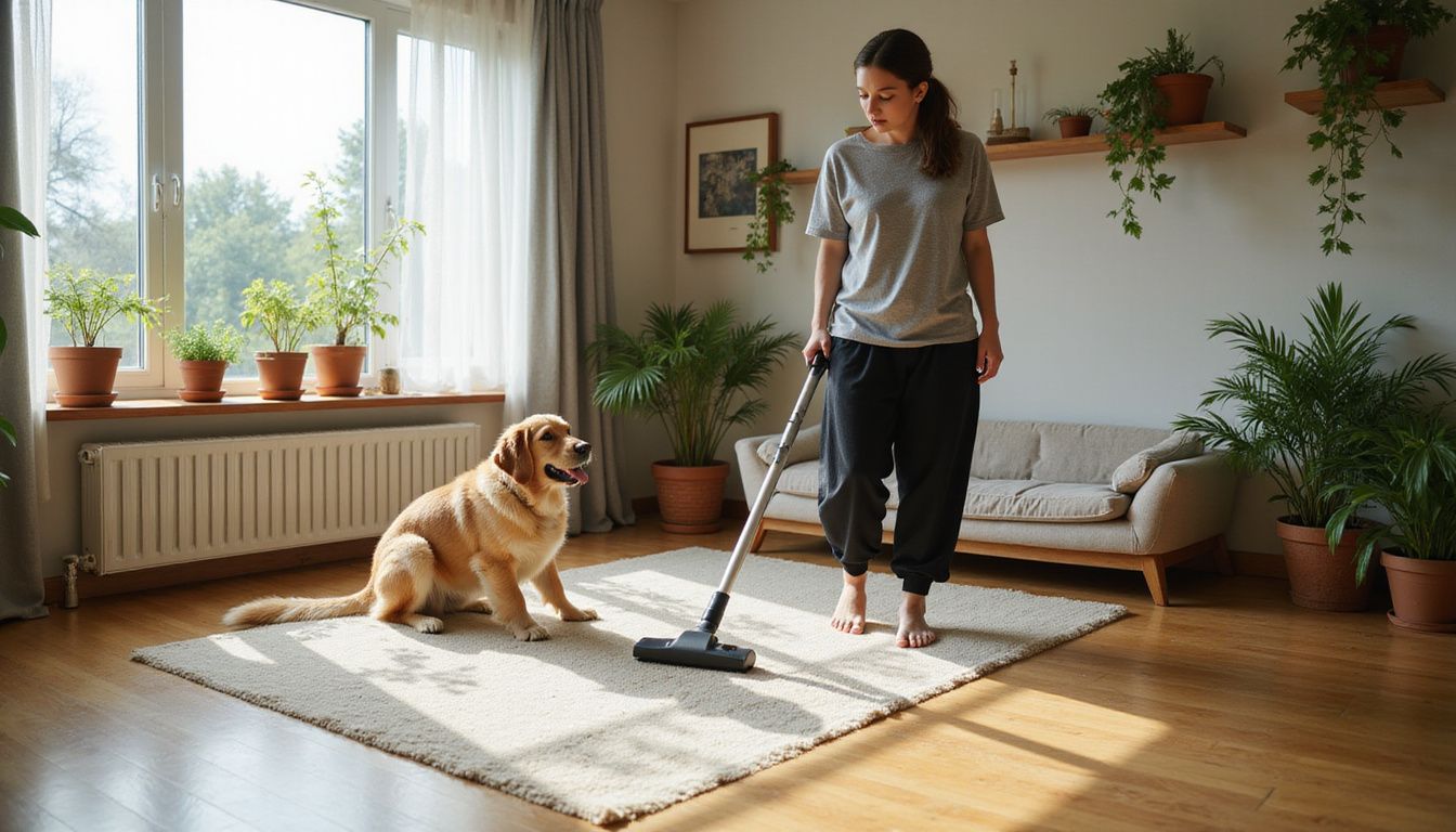 A young woman in loungewear vacuums her living room while her golden retriever watches nearby.
