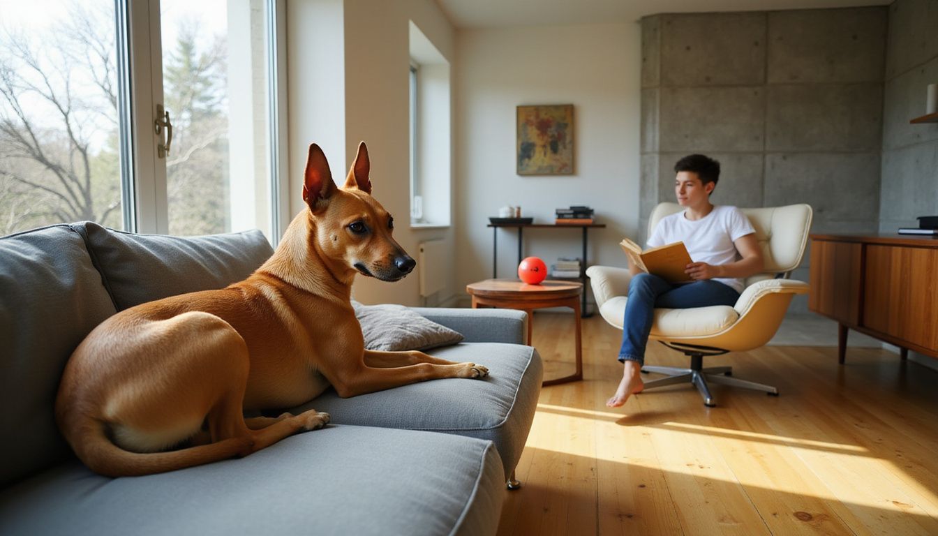 A relaxed Basenji dog lounges on a sofa while a person reads in a stylish, minimalist living room.