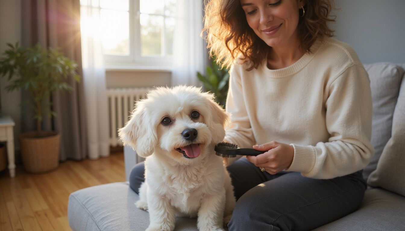 A woman lovingly grooms a small Bichon Frise on a cozy sofa in a well-decorated living room.