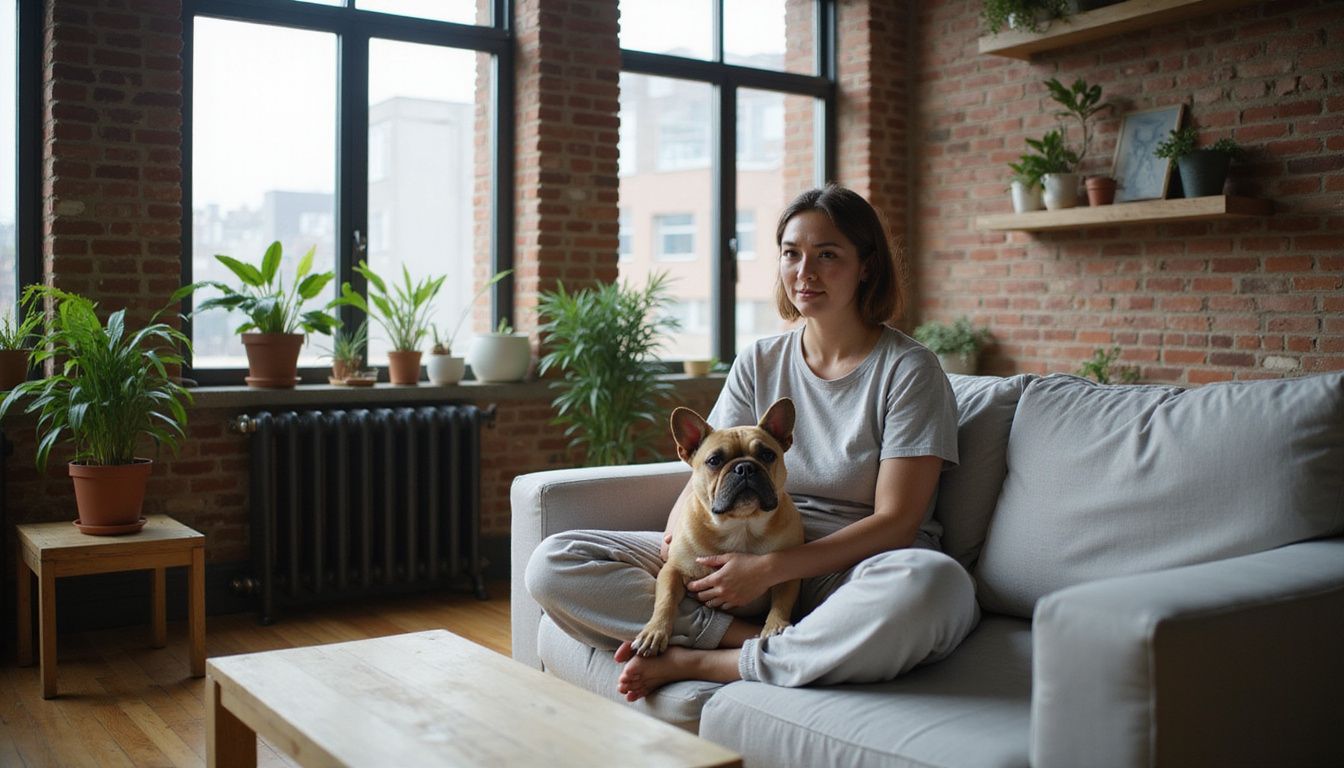 A woman sits on a couch with a relaxed French Bulldog in a cozy, modest studio apartment.