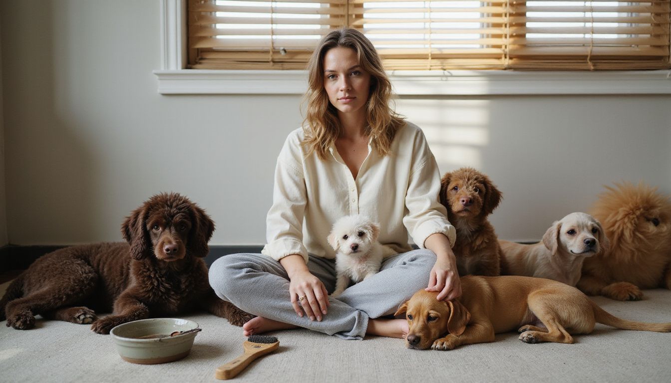 A relaxed woman sits cross-legged on the carpet surrounded by six hypoallergenic dogs and scattered grooming tools.
