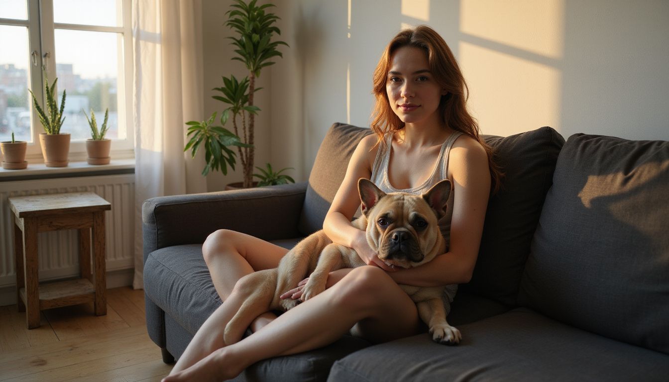 A relaxed woman sits on a couch with her fawn French Bulldog, surrounded by plants in a cozy apartment.