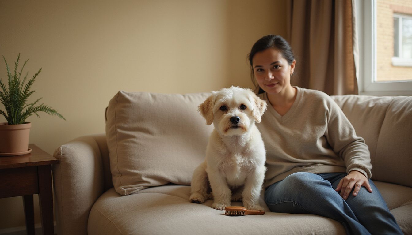 A groomed Maltese dog sits contentedly beside a woman on a cozy sofa in a modest living room.