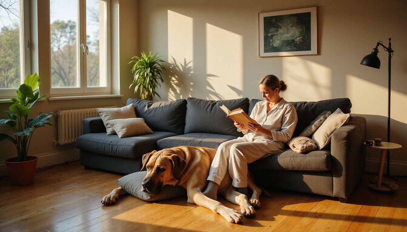 A relaxed woman reads beside her large Great Dane in a cozy, contemporary living room filled with plants.