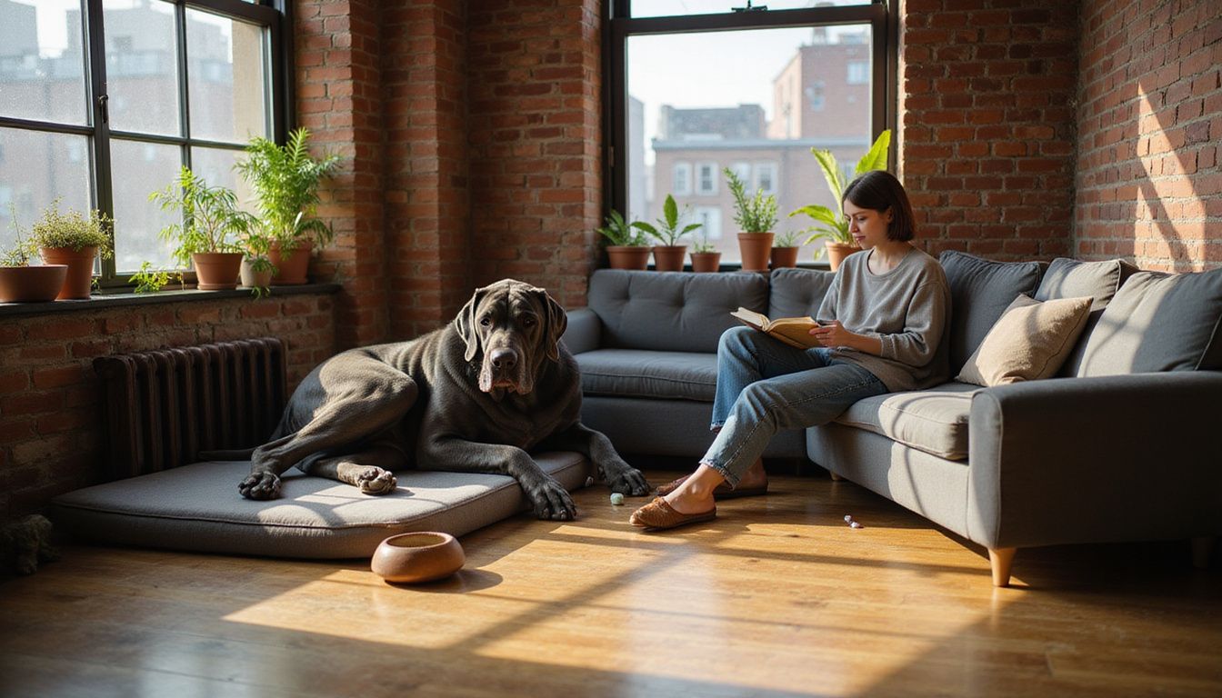 A relaxed Great Dane lies on a dog bed while a woman reads nearby in a cozy apartment setting.