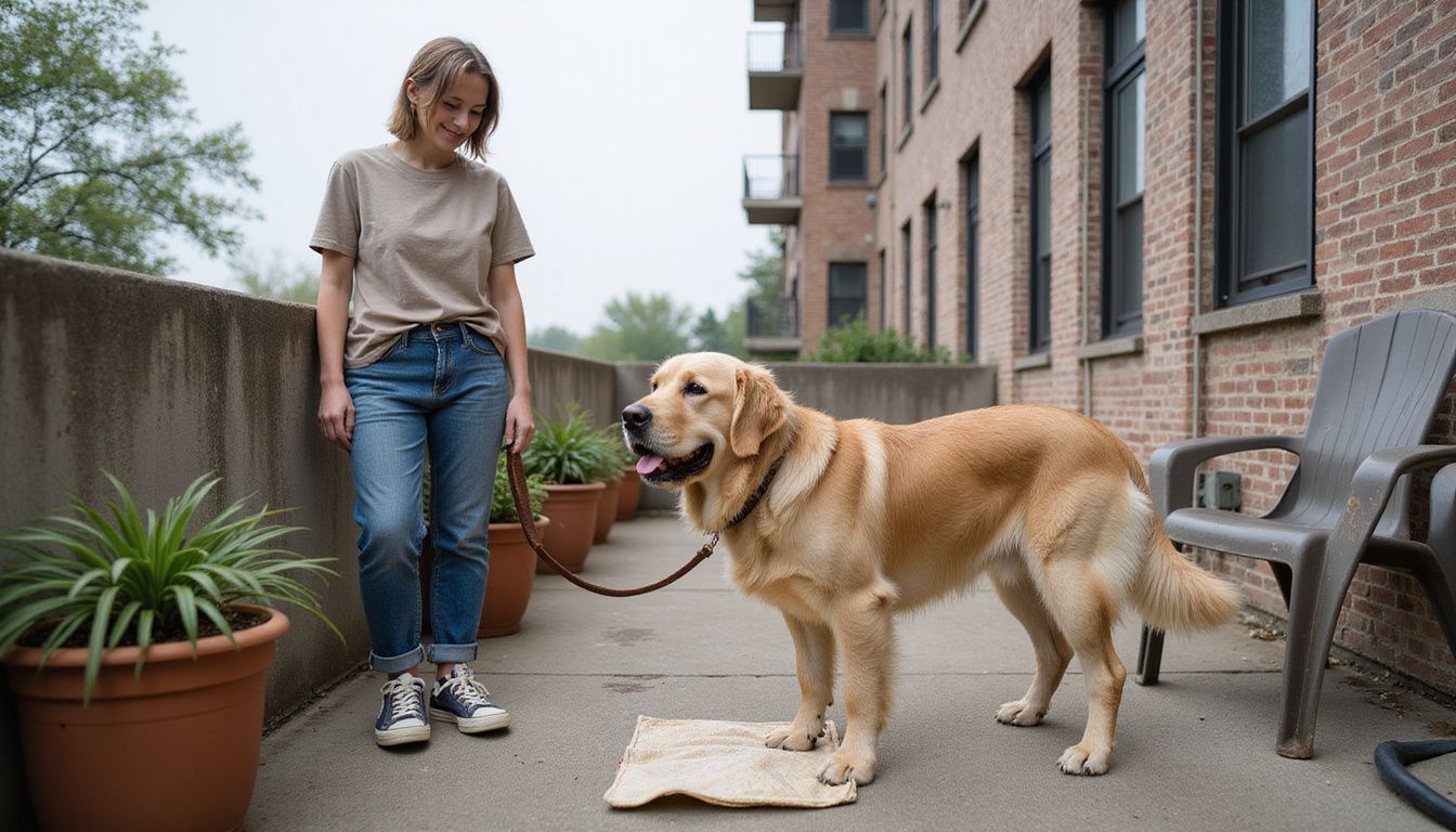 A golden retriever stands on a balcony while its attentive owner encourages it nearby.