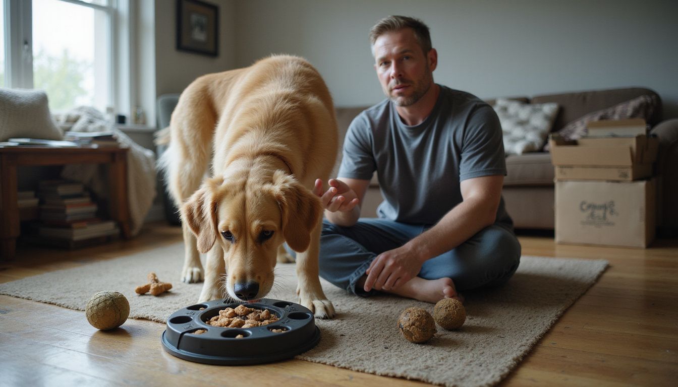 A muscular golden retriever engages with a puzzle feeder toy while a man observes nearby in a cozy living room.