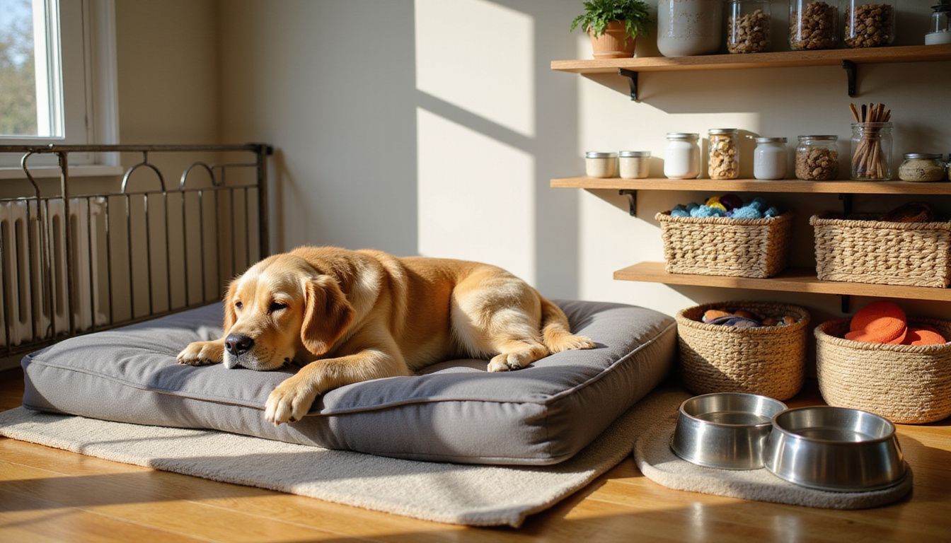 A golden retriever relaxes on an orthopedic dog bed surrounded by organized pet supplies in a cozy apartment.