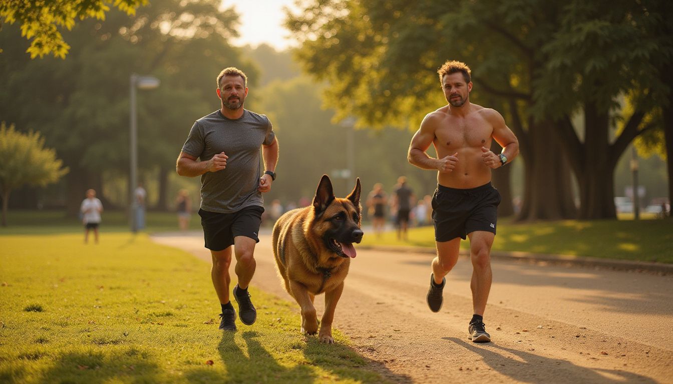 A middle-aged man jogs with his German Shepherd in a park, showcasing a shared moment of exertion and connection.