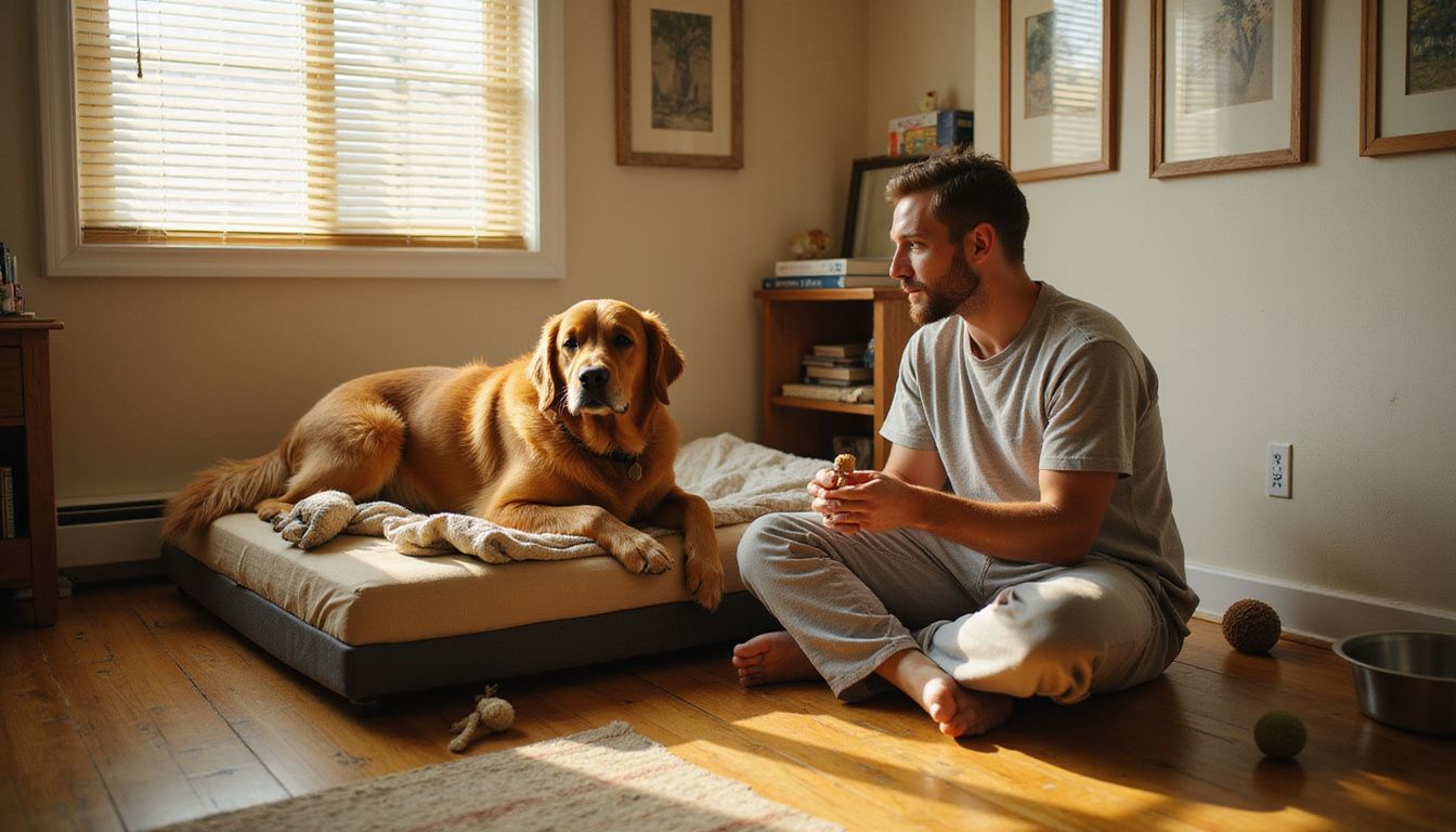 A young man trains his Golden Retriever in a cozy, lived-in apartment filled with dog toys and blankets.