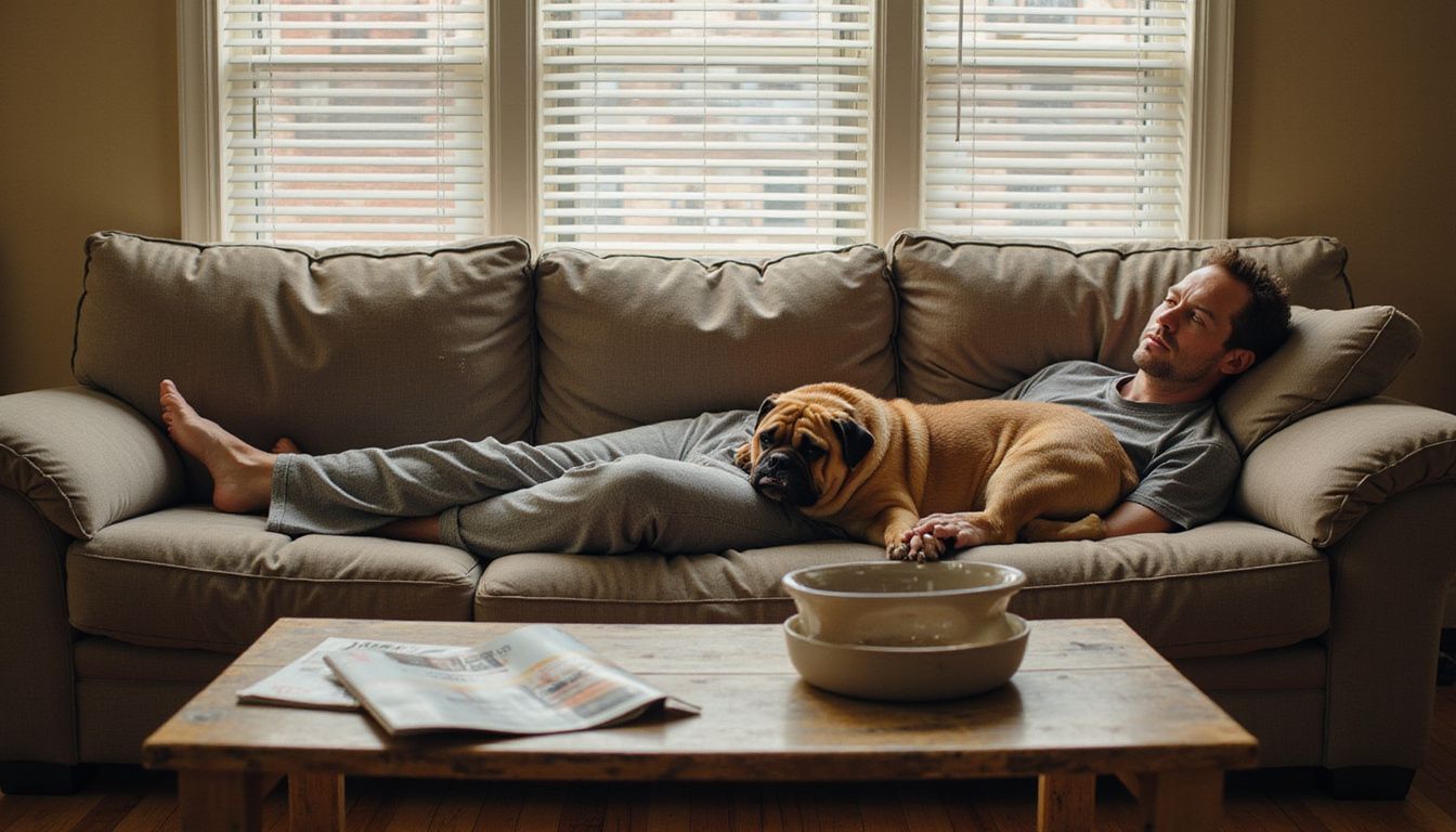 A man relaxes on a couch with his English Bulldog, sharing a quiet moment in a cozy living room.