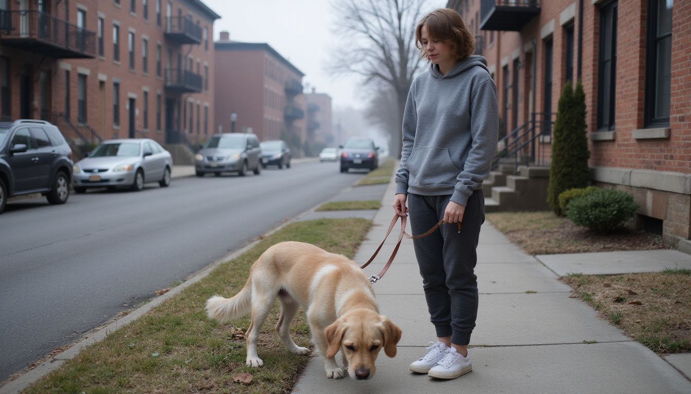 A woman in a hoodie watches her golden retriever sniffing the ground outside a brick apartment building.