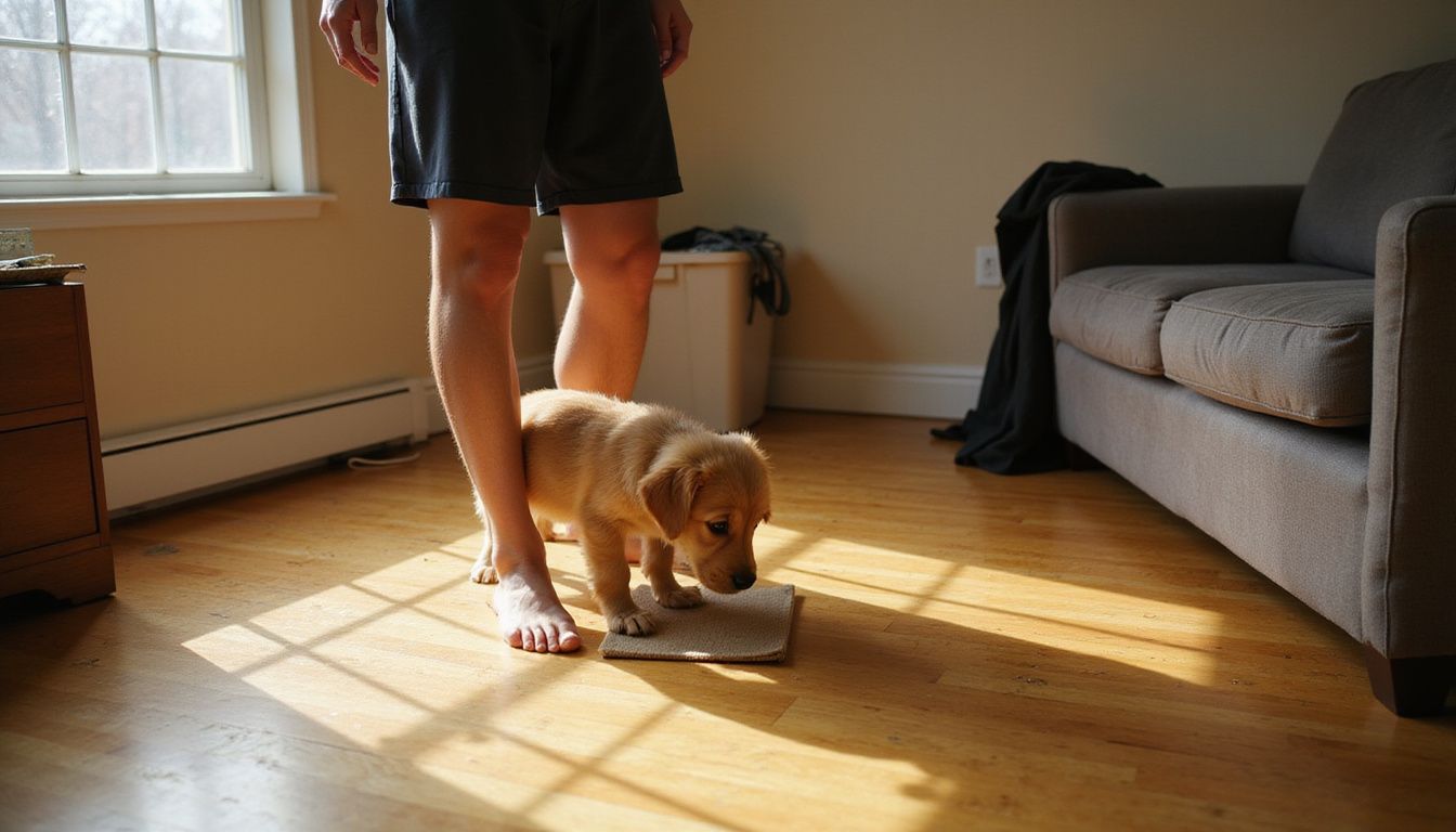 A relaxed person watches their golden retriever puppy sniff a potty training pad in a modest studio apartment.