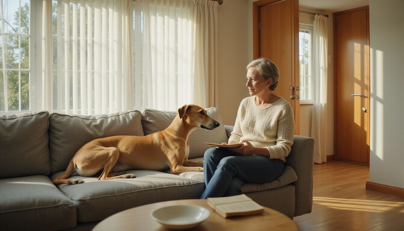 A relaxed woman in a cream sweater sits beside her Greyhound on a textured gray sofa in a cozy living room.