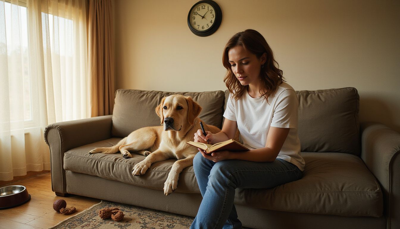 A woman with chestnut brown hair writes in a notebook while her attentive golden retriever sits beside her.