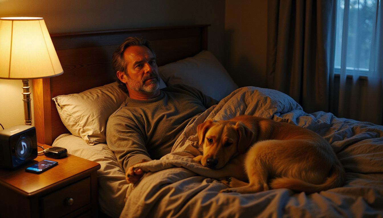 A man and his golden retriever relax together before sleep.