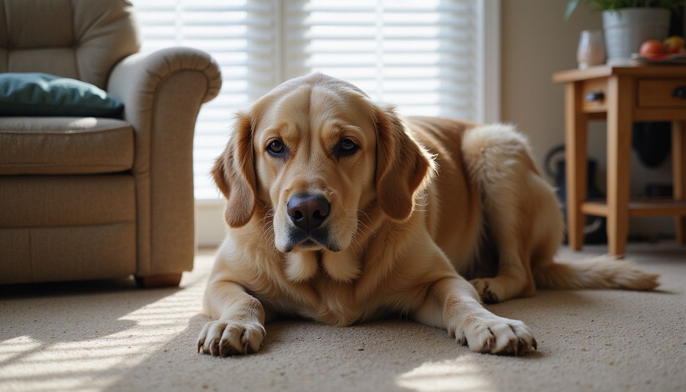 An elderly golden retriever with a graying muzzle sits on a plush carpet, showing signs of aging and weariness.