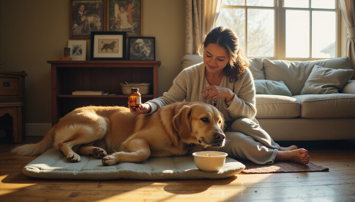 An elderly golden retriever rests on a memory foam bed while a woman tenderly cares for him.