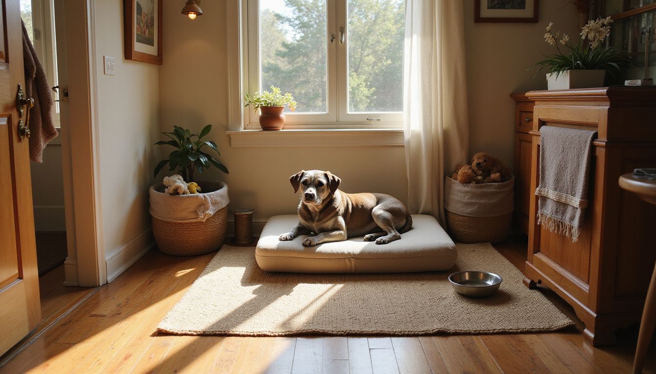 A cozy home interior features an elderly dog resting on an orthopedic bed amidst thoughtfully arranged furnishings and toys.