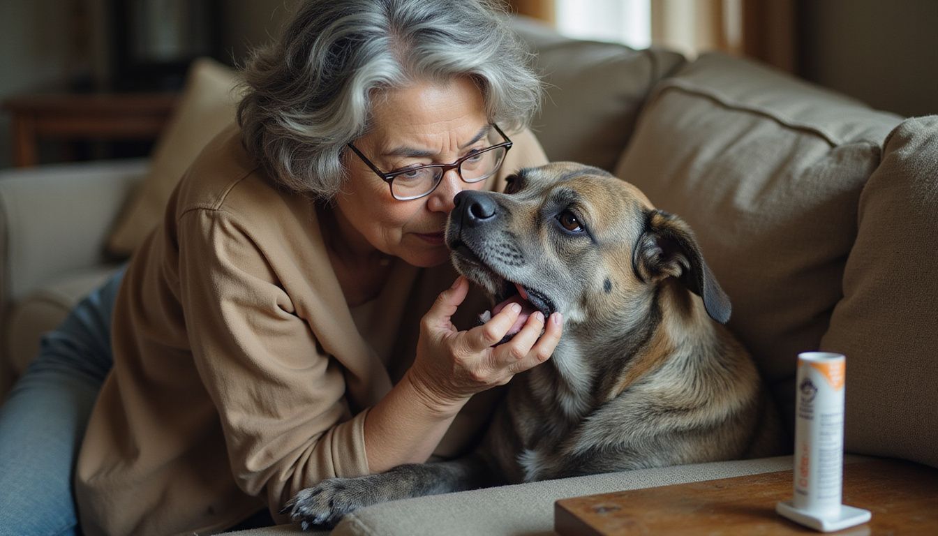 A woman examines her elderly dog's gums with care, reflecting their deep bond and devotion to each other.