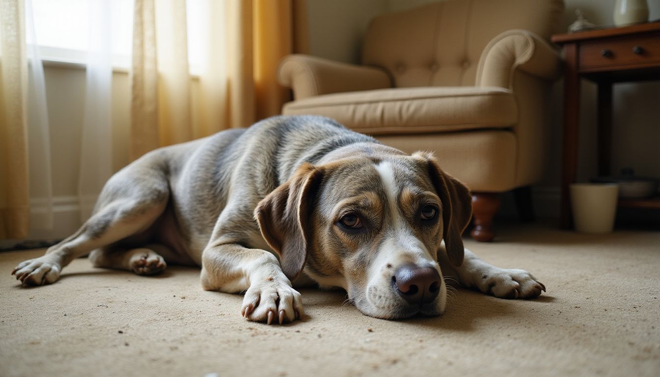 An elderly dog rests on a worn carpet, reflecting the physical effects of aging and fatigue.