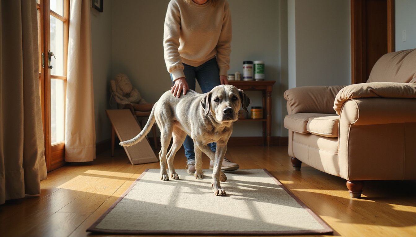 An elderly dog, supported by its devoted caregiver, navigates a cozy hallway with signs of age and wear.