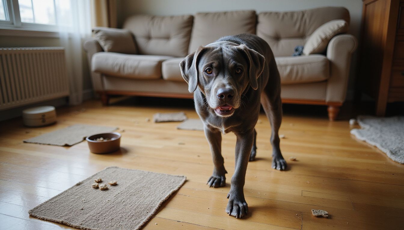 An elderly dog stands on hardwood flooring, showing signs of cognitive decline and surrounded by worn interactive toys.