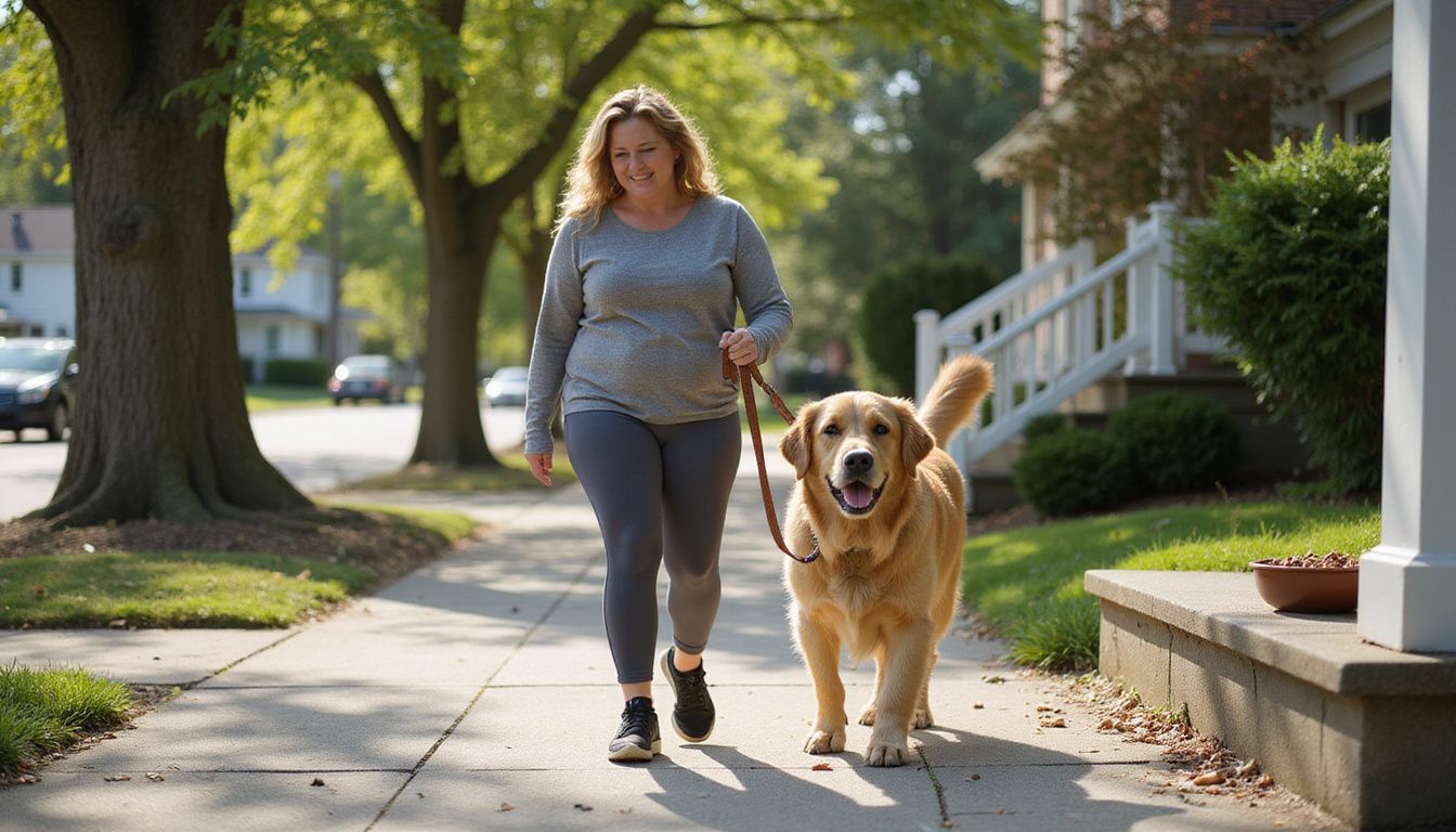 A senior golden retriever and a middle-aged woman walk together along a residential sidewalk, showcasing their companionship.