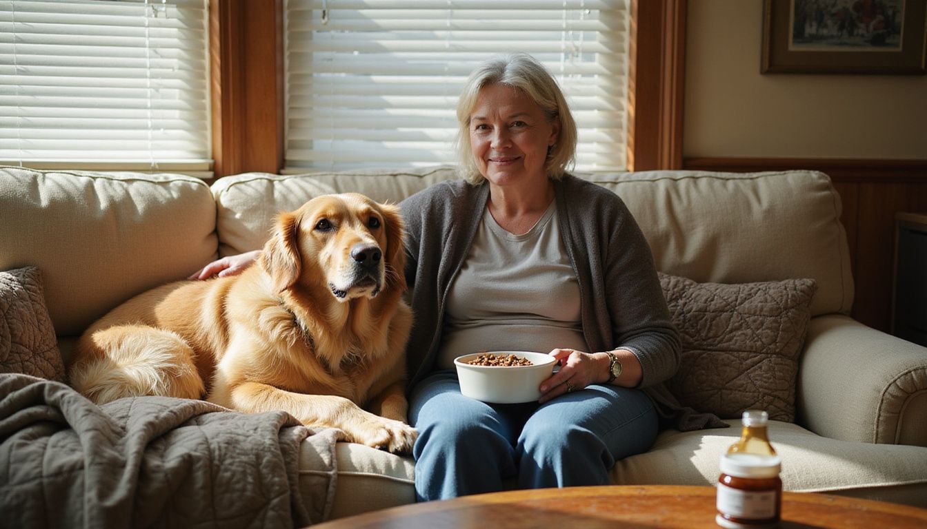 A middle-aged woman offers senior dog food to her elderly golden retriever on a well-worn couch.