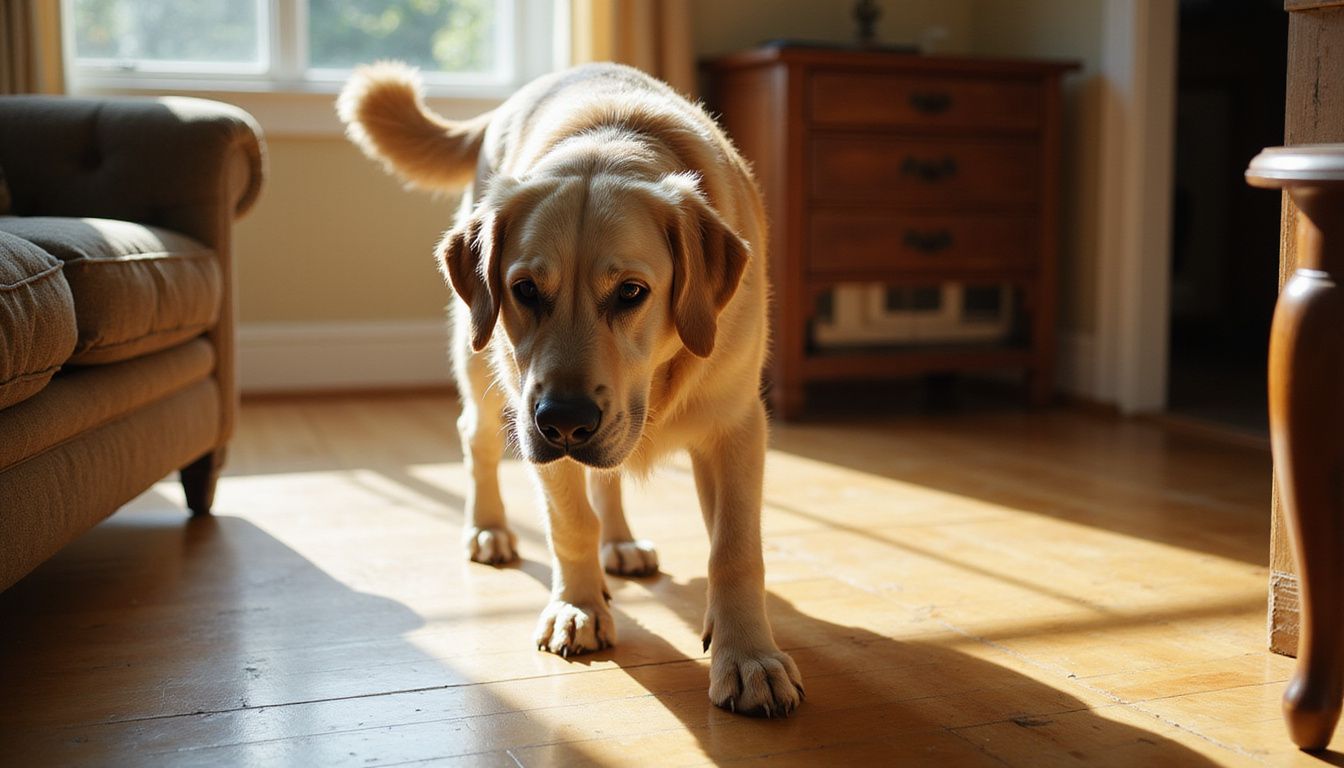 An elderly golden retriever cautiously navigates a sunlit living room, showing signs of age and uncertainty.
