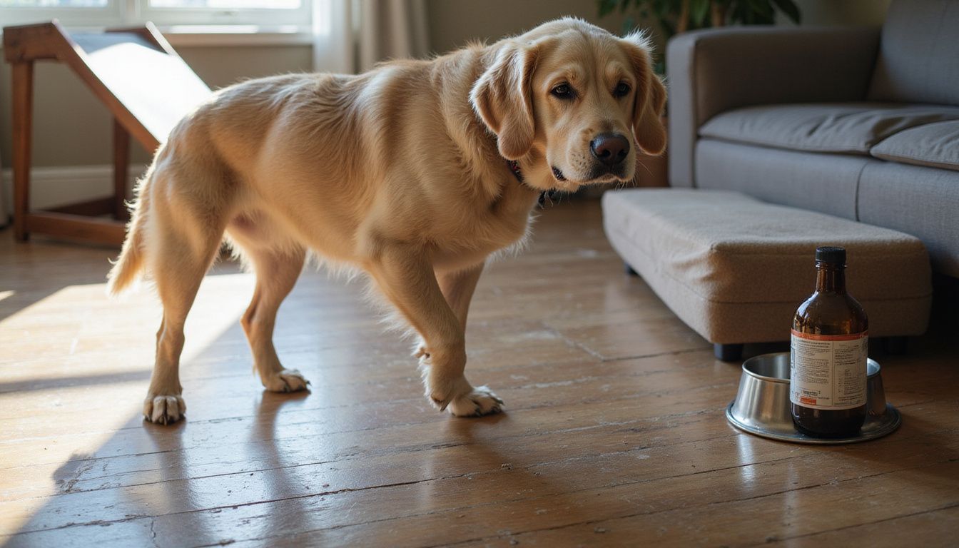 An elderly golden retriever shows signs of discomfort and mobility issues while standing on hardwood flooring.