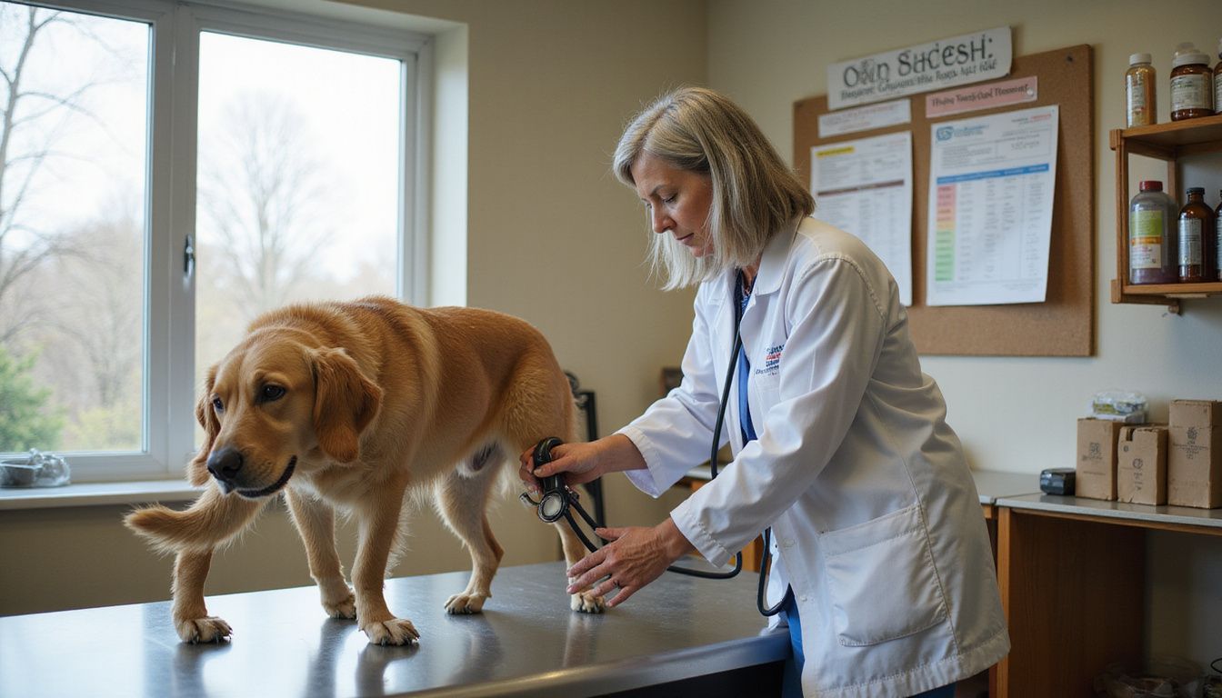 A veterinarian examines a senior golden retriever on an examination table in a cluttered clinic.