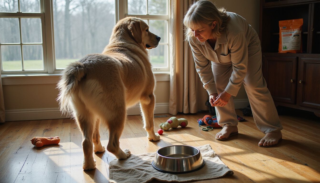 An elderly golden retriever stands beside a concerned woman, embodying the challenges of aging pet care and nutrition.