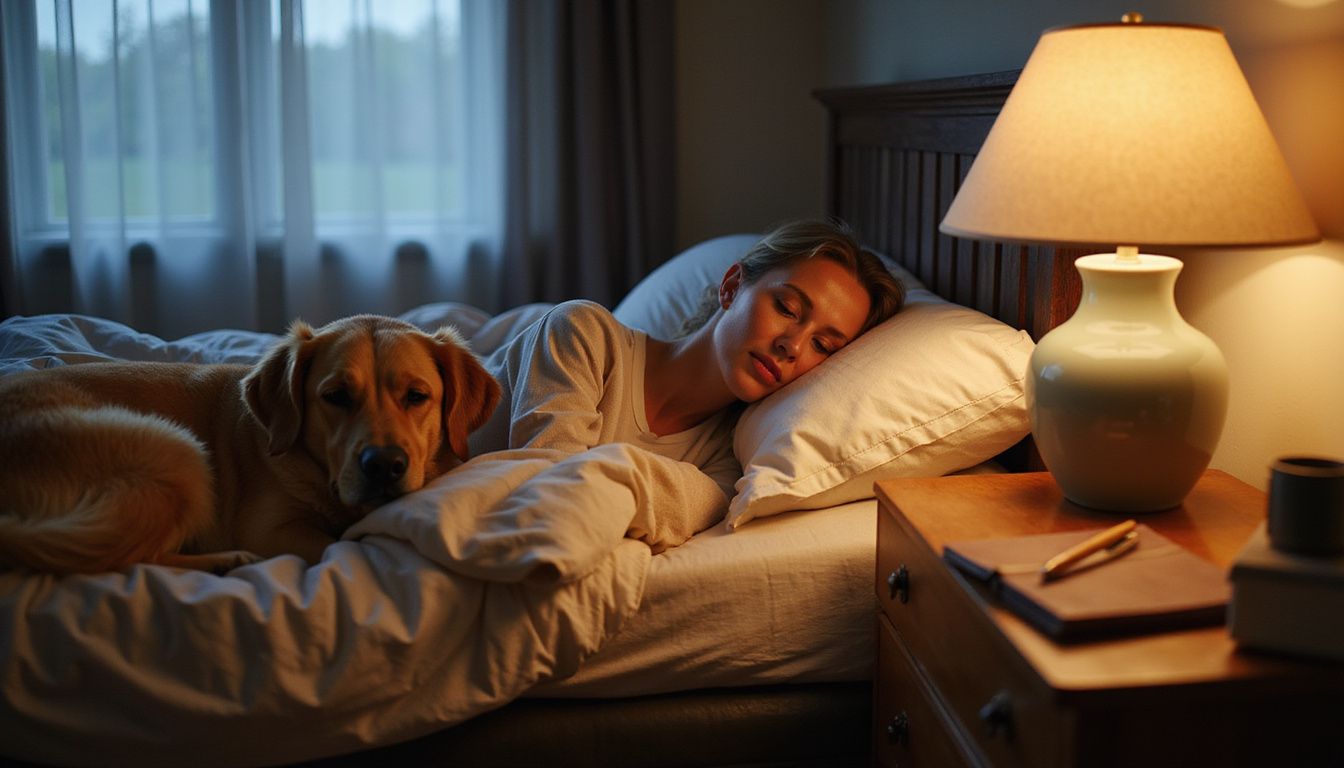 A serene woman sleeps peacefully beside a relaxed golden retriever.