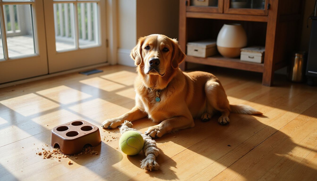 A golden retriever sits calmly on oak hardwood floor with toys nearby.