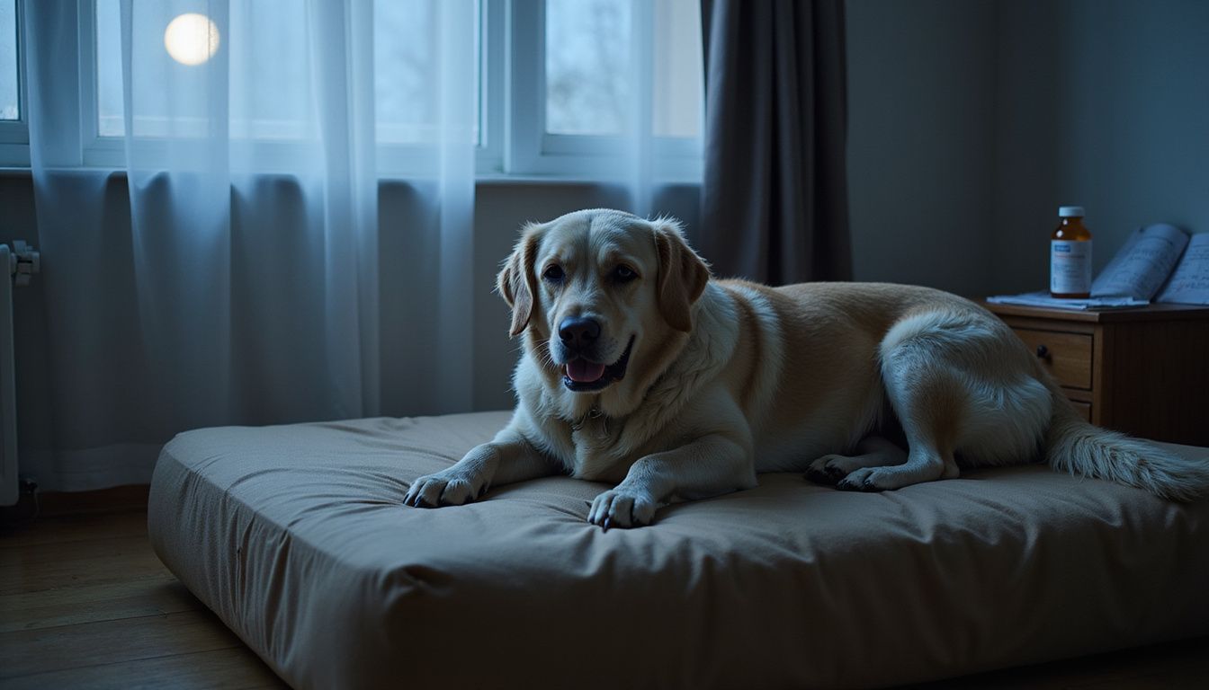 An aging golden retriever rests uncomfortably on an orthopedic bed.