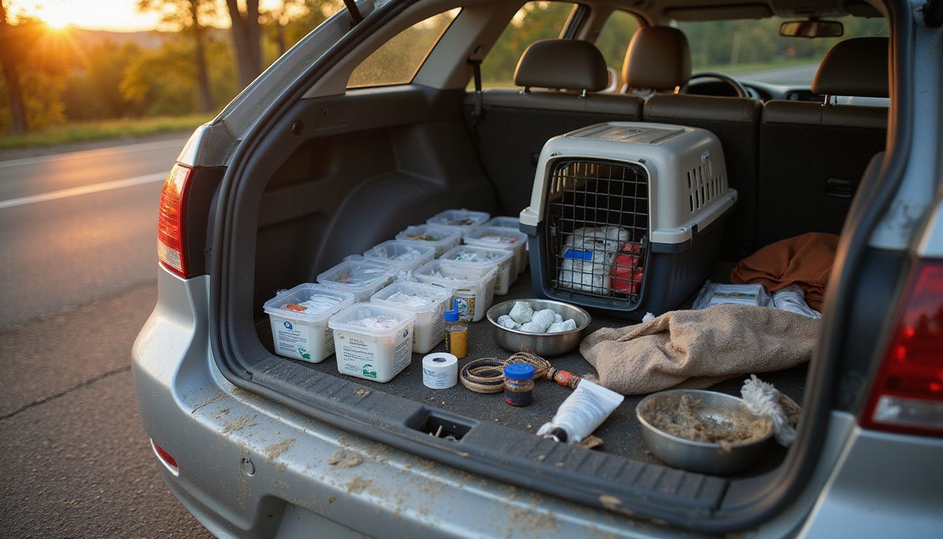 A weathered sedan's trunk displays a neatly organized pet emergency kit among scattered items at a highway rest stop.
