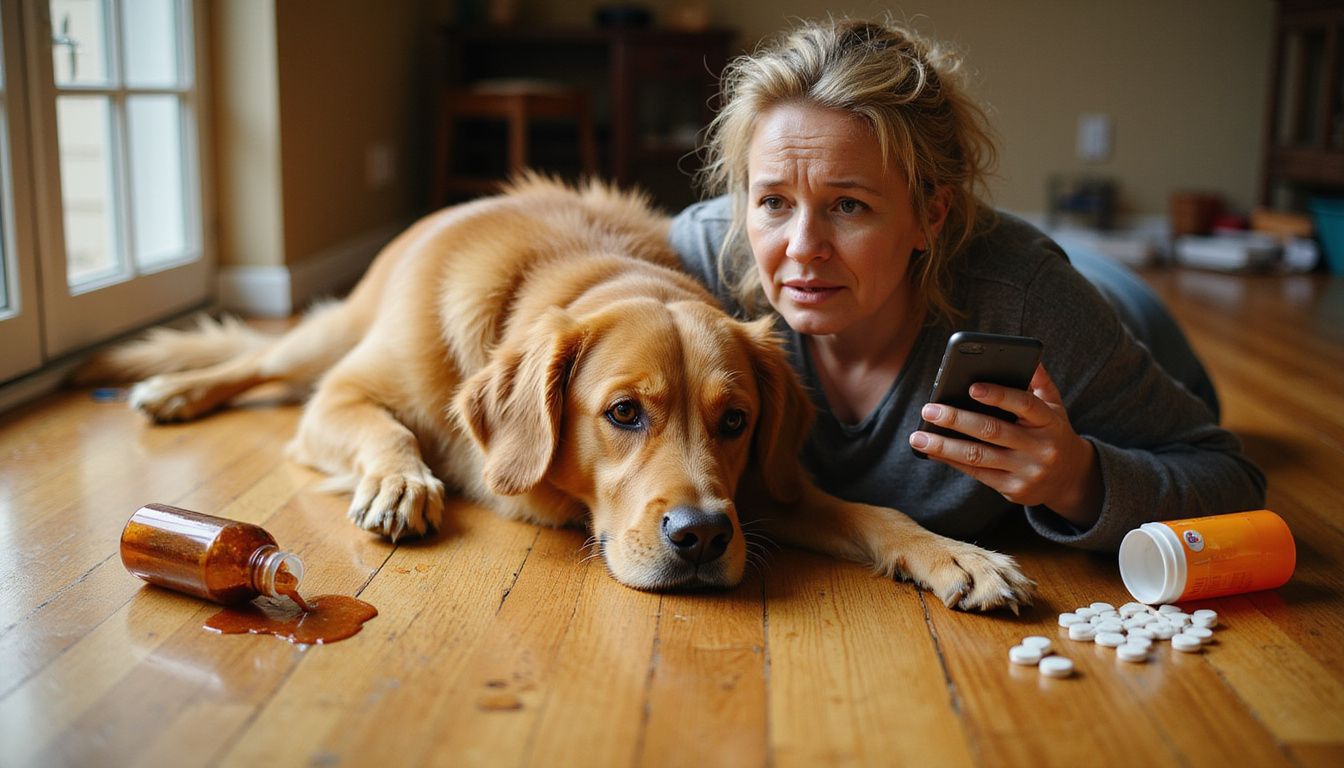 A distressed golden retriever lies on the floor surrounded by hazardous substances, while a woman anxiously calls for help.