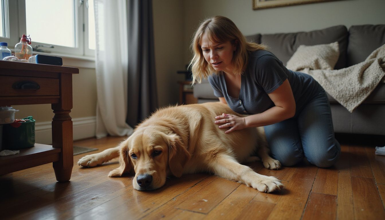 A distressed woman kneels beside her ailing golden retriever on a hardwood floor, surrounded by medical supplies.