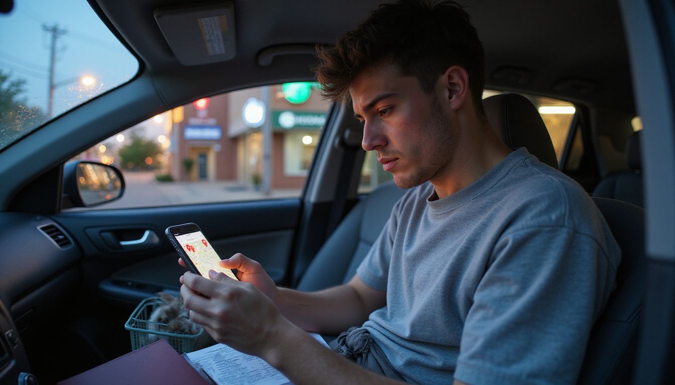 A young adult anxiously uses a pet emergency app while holding a rabbit in a carrier in a parked car.