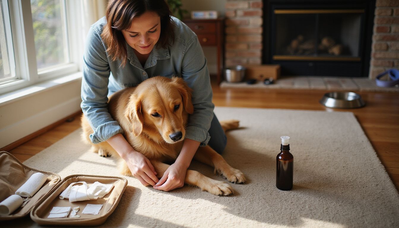 A woman examines her golden retriever's paw for injuries while surrounded by pet supplies and a first aid kit.