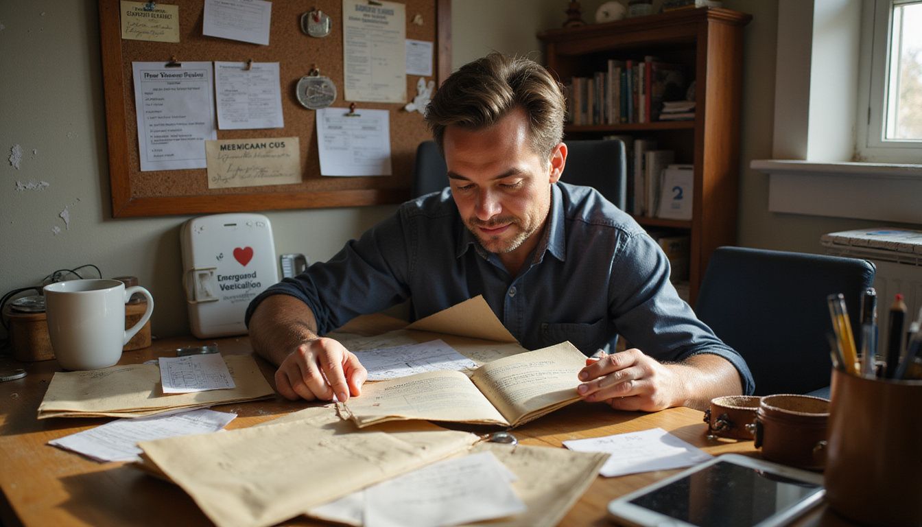 A focused individual organizes veterinary documents at a cluttered home office desk filled with pet care essentials.
