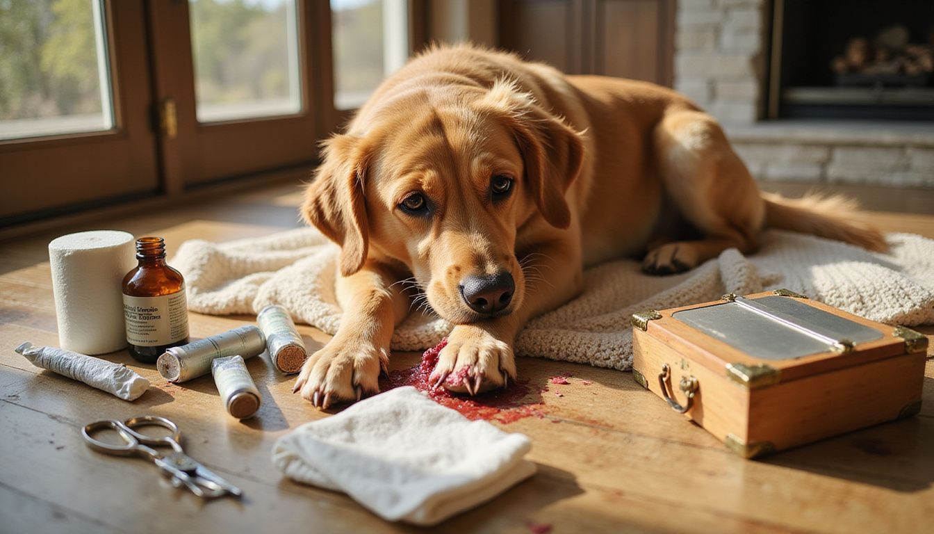 A golden retriever lies on a blanket, showing signs of discomfort from a two-inch laceration on its front leg.