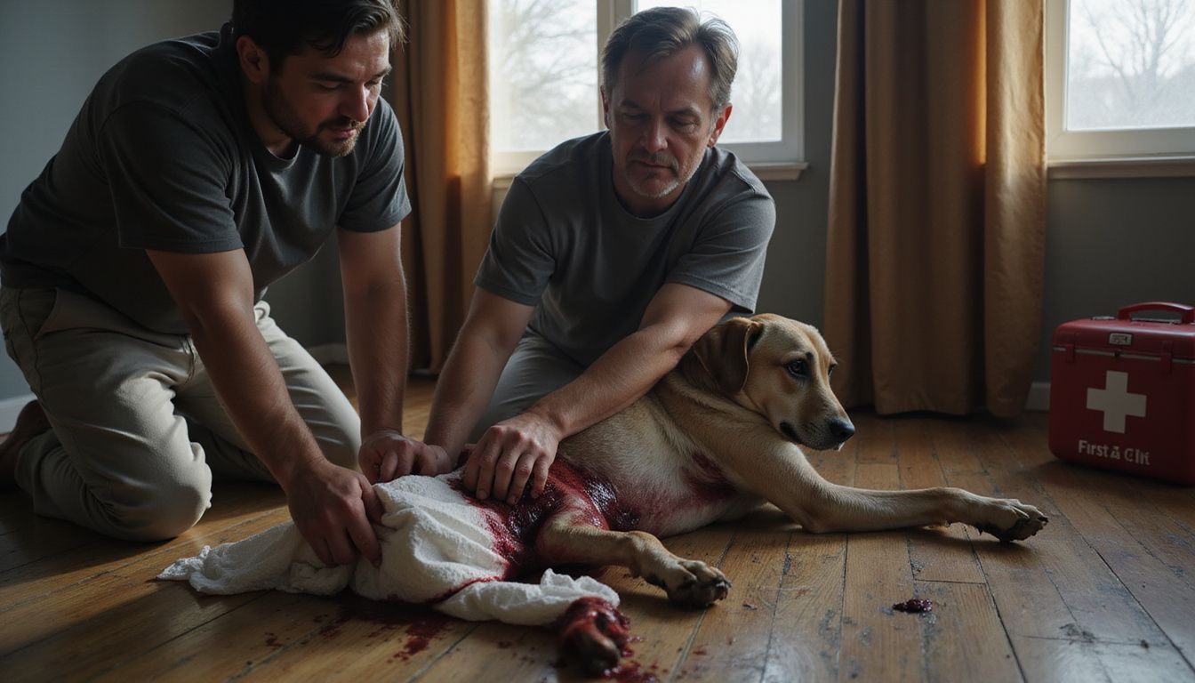 A person tends to their injured dog, applying pressure to a bleeding wound on its front leg.