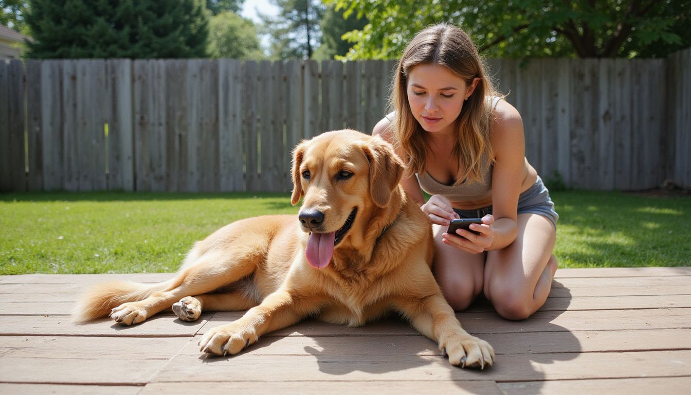 A distressed golden retriever lies on a cedar deck while a concerned woman prepares to call for help.