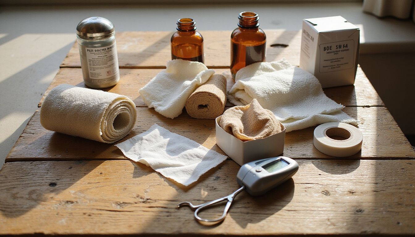 A weathered oak table displays various medical supplies arranged practically, showcasing textures and authentic imperfections in warm tones.