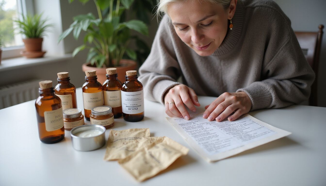 A woman organizes a rabbit first aid kit with various medicinal items on a clean surface, demonstrating attentive caregiving.